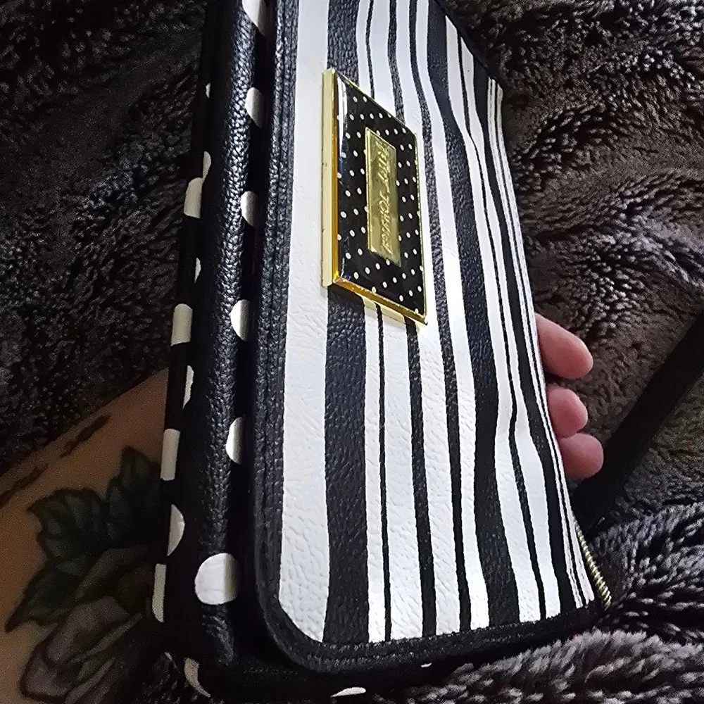 Rare Betsey Johnson Y2K Crossbody Bag Black White Striped Polka Dot Chain Bow